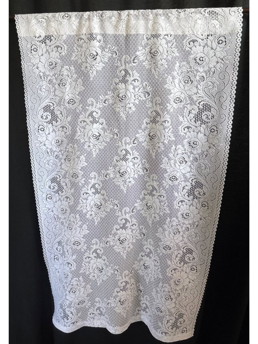 White Floral Lace Curtain Panel 24"W x 39"L Rose Pattern Window Treatment